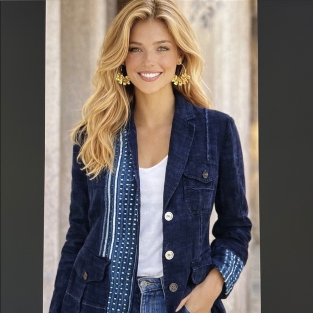 $498 Polo Ralph Lauren Indigo Linen Tie Dye Boho Patchwork Blazer Jacket Size 0